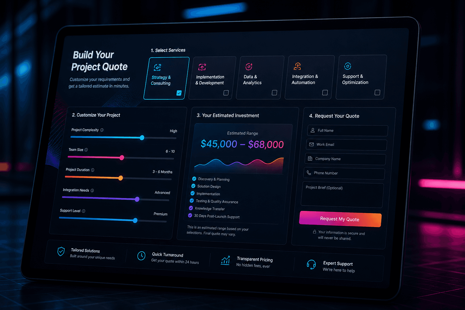 Dark quote builder and pricing calculator interface with estimate sliders, package choices, and request form fields